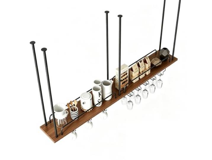 Gaommini Deckenhängendes Weinglasregal mit Leitplanken-Weinflaschenhalter Schwebende Regale mit Stielglashalter, Metallrahmen, Bar, Küche, Topf- und Pfannenregal(1-TIER-150x30x50cm)