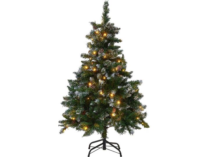 BELIANI Weihnachtsbaum 120 cm Grün Kunststoff Metall mit Schnee bestreut inkl. LED Beleuchtung Metallständer mit Zapfen geschmückt Weihnachten