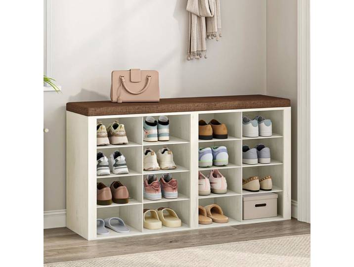 Banc à Chaussures Support à Chaussures avec Siège Banc avec Rangement Coussin 16 Compartiments pour Salon Couloir Chambre Blanc