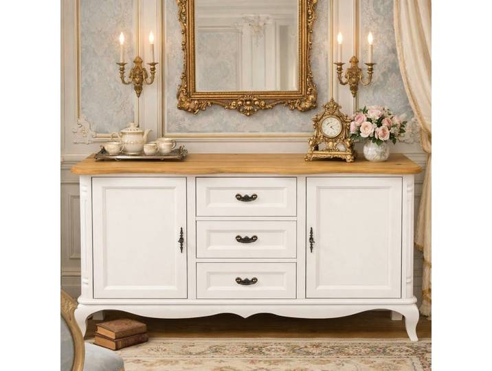 Barockes Sideboard - nostalgisches weiß/ Eichenplatte hellbraun