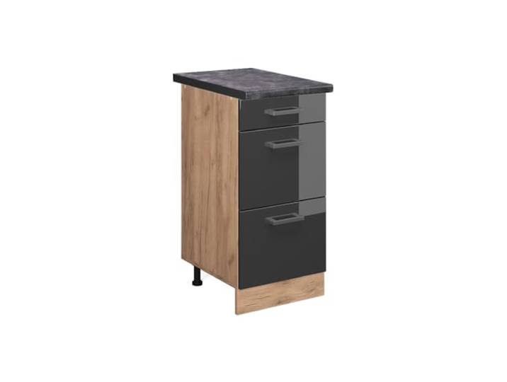 Vicco Küchenunterschrank R-Line, Anthrazit Hochglanz, 40 cm 3 Schubladen · Arbeitsplatte Anthrazit · Höhenverst. Füße · Leichter Zugriff · Frei kombinierbar