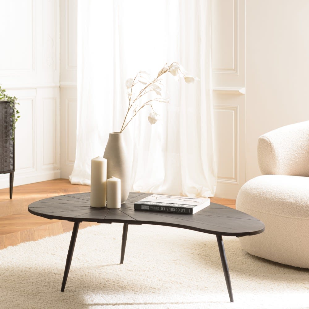 MACABANE Table basse ovoïde plateau texturé noir mat pieds en fer noir Noir 122x37x73cm