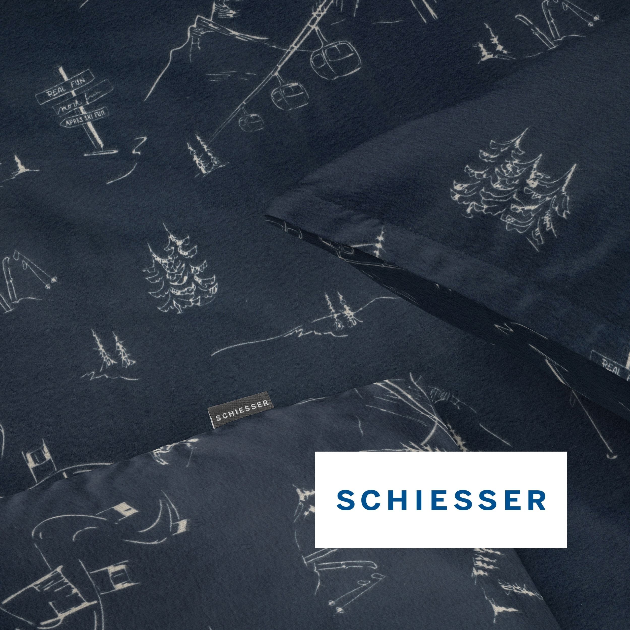 Bettwäsche SCHIESSER "Skiing aus weicher Baumwolle mit Winterprint", blau (dunkelblau), B/L: 135cm x 200cm, 1 Stk., 1 Stk., Feinbiber, B/L: 80cm x 80cm, 2, Feinbiber, Bezug: 100% Baumwolle, Bettwäsche, Bettwäsche, OEKO-TEX MADE IN GREEN dunkelblau B/L: 13