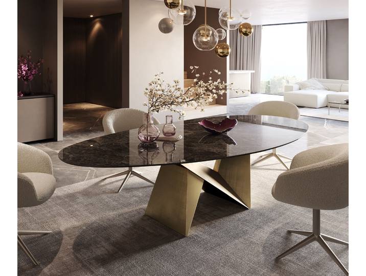 Esstisch Edge Oval 280x130 Keramik Emperador Extra Lucidato Dunkelbraun Origami Metallic Gold, Esstische