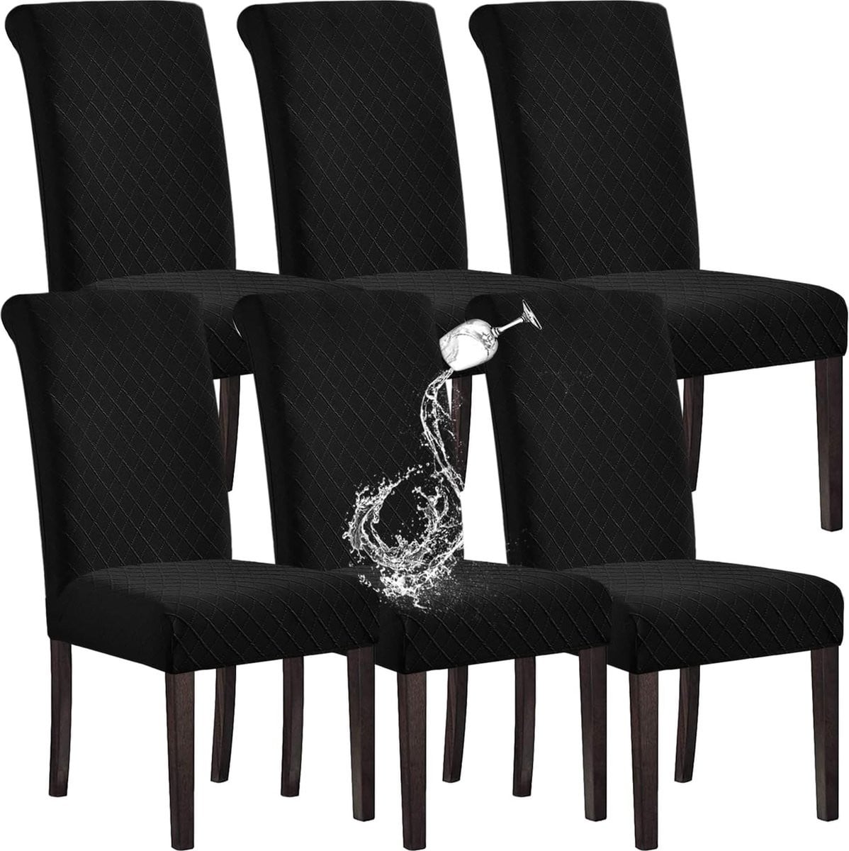 SHILV. THUIS Set van 6 Waterdichte Eetkamerstoelhoes Stretch Jacquard Parsons Stoelbeschermer - Zwart