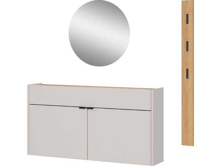 Garderoben-Set GERMANIA GW-Ameca , beige (kaschmir, navarra, eiche, nachbildung), B:140cm H:200cm T:22cm, Spanplatte, Kastenmöbel-Sets, Garderoben-Set, Garderoben-Set bestehend aus Schuhschrank, Spiegel & Garderobenpaneel