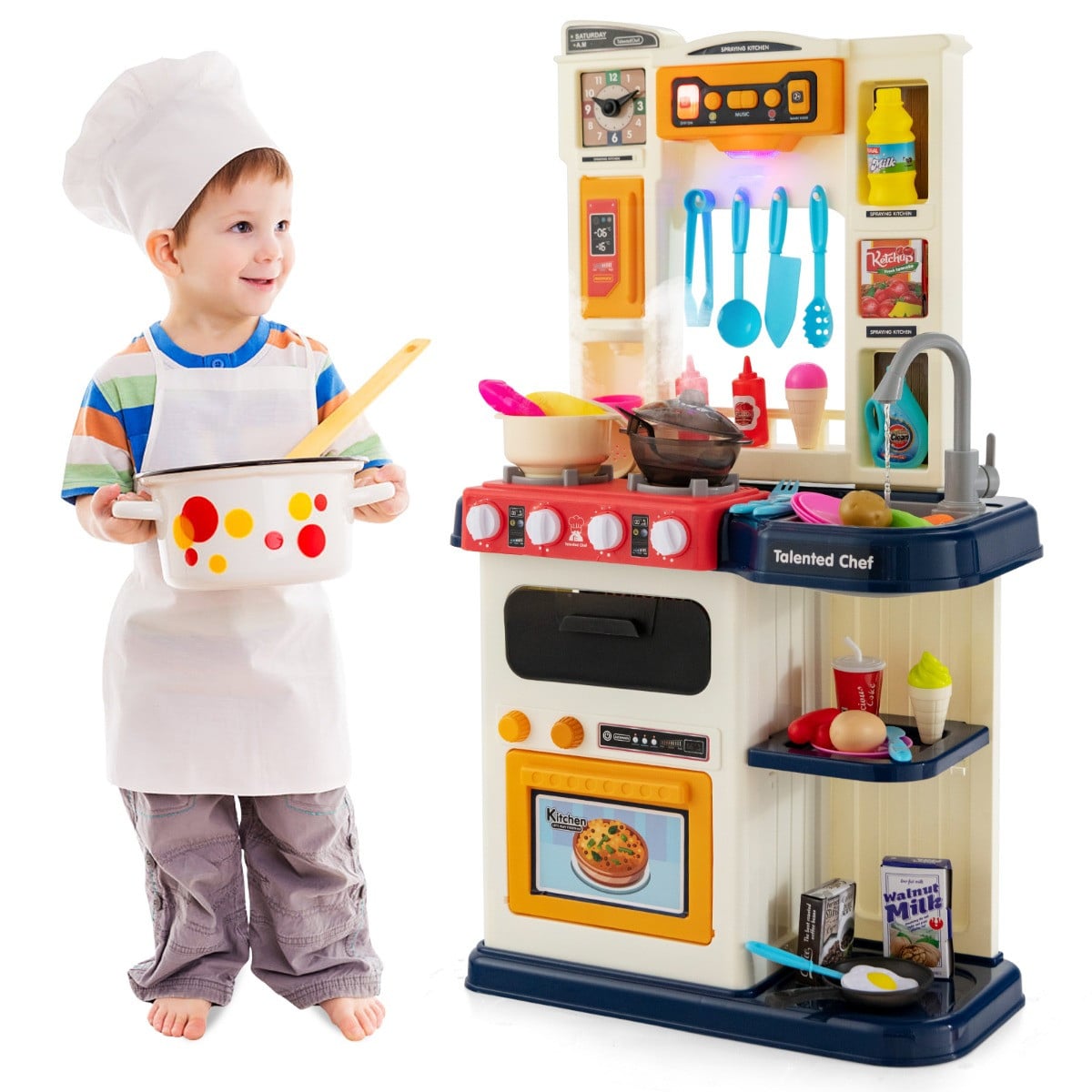 Costway Kinderkeuken met Verlichting, Muziek en Geluid inclusief 38 Accessoires, Blauw