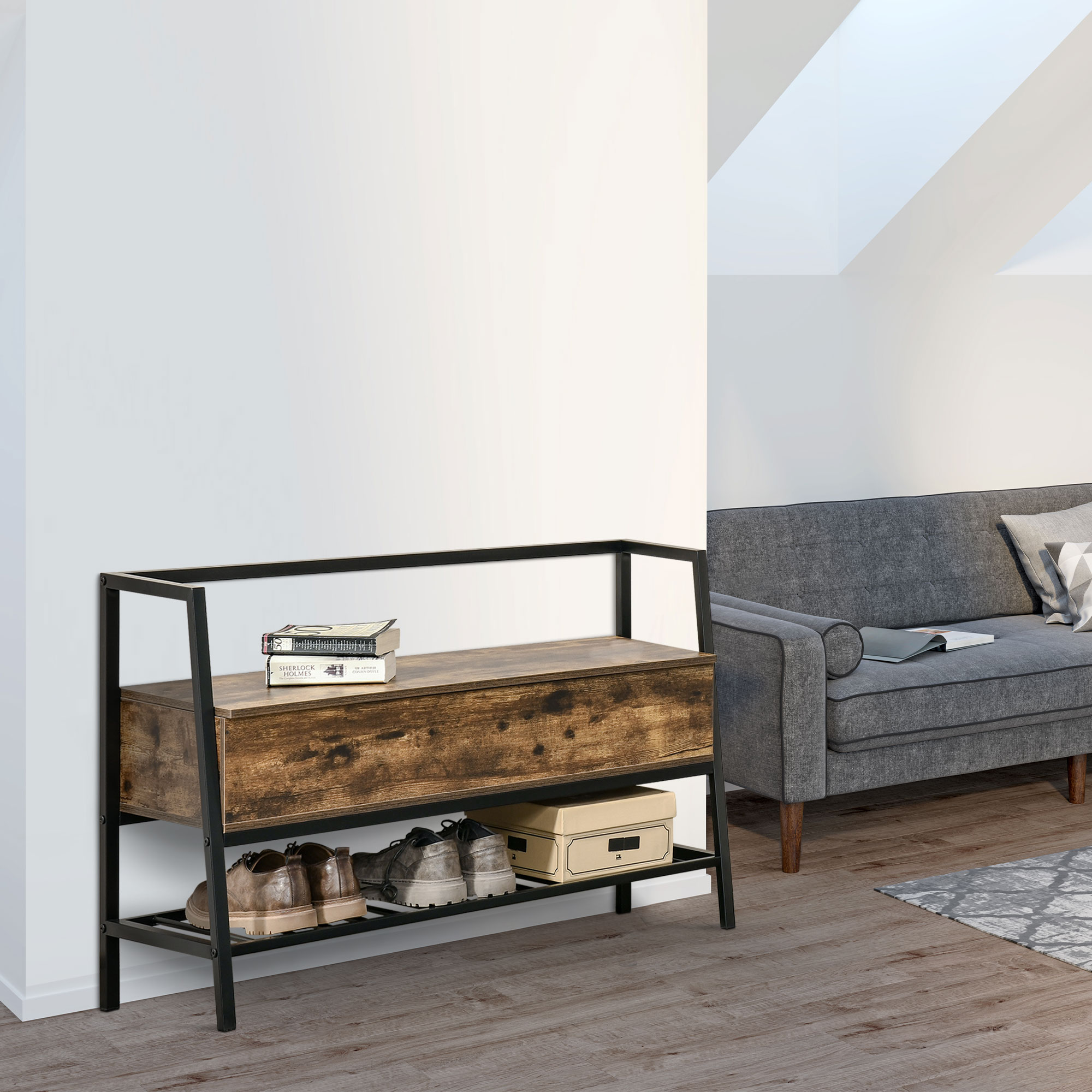 Homcom scarpiera salvaspazio in Stile Industriale con Vano, Panca in Legno e Metallo, Marrone Rustico, 90x37x60cm  Aosom Italy