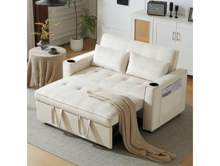 Laxnb 2 Sitzer Sofa mit Schlaffunktion, Klappbares Schlafsofa, Doppelsofa Kleine Couch Sofa, Polstersofa mit verstellbare Rückenlehne & Getränkehalter, Multifunktionssofa für Wohnzimmer, Velvet Beige