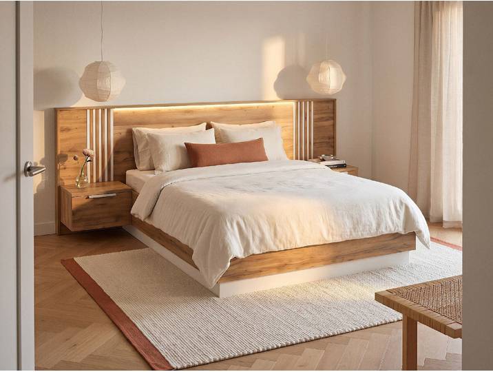 Bett mit Bettkasten und Nachttischen 160 x 200 cm - LED-Beleuchtung - Naturfarben und Weiß + Matratze - NELTORA