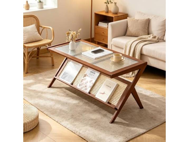 Luxuriöser minimal Couchtisch, geriffelte Glasplatte stabiler Bambusboden Couchtisch mit eleganter geriffelter Glasplatte, stabiler verdickter Bambusrahmen, abgerundetes Kanten-Design(Brown)