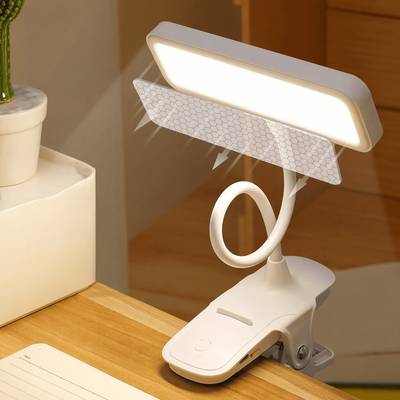 Inspire Select Rechargeable LED Clip Desk Lamp Eye Protection Reading Light With Flexible Gooseneck & Touch Control white