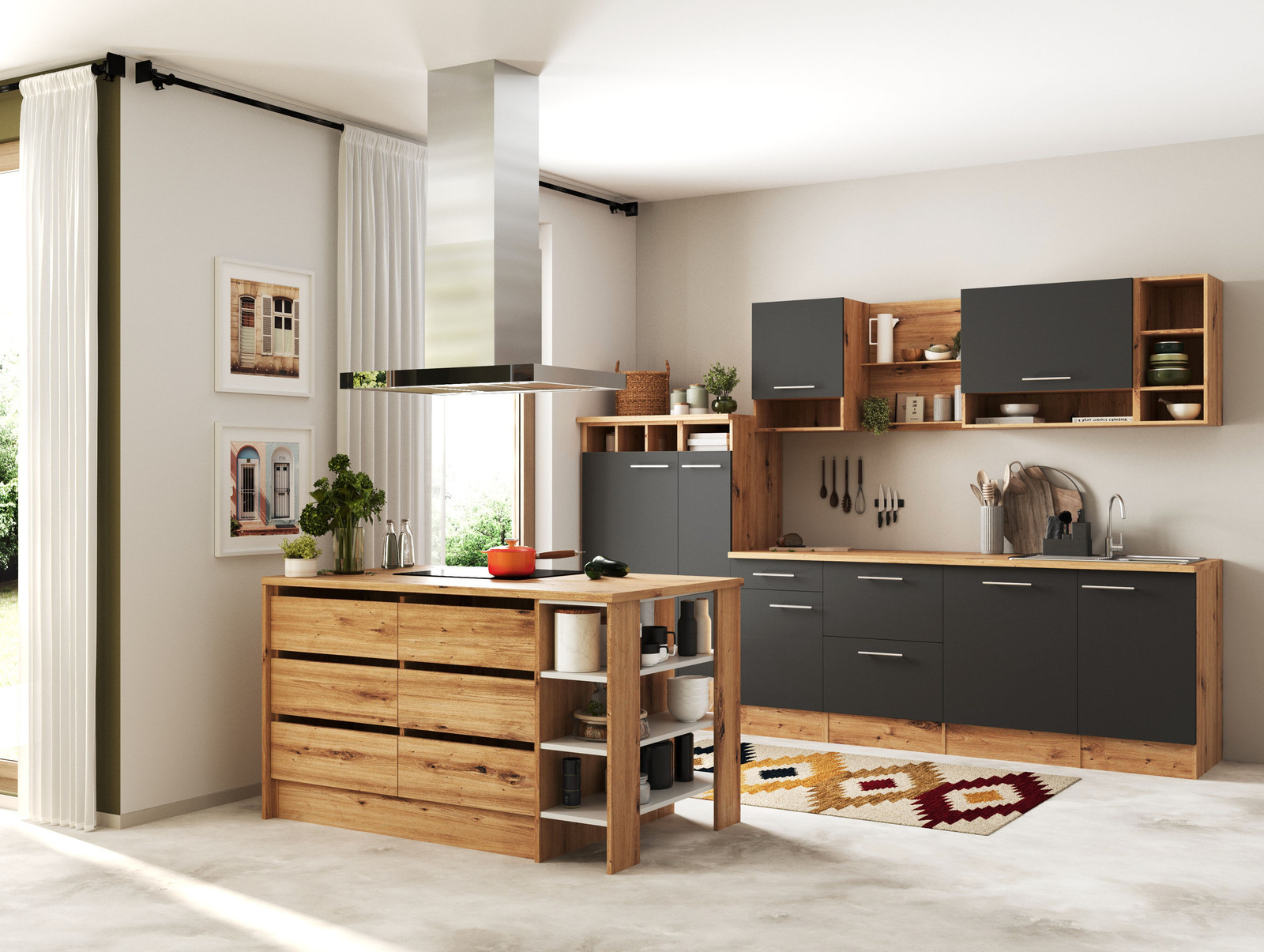 home24 Kookeiland Hilde variant A grijs/grijs, Breedte: 310 cm