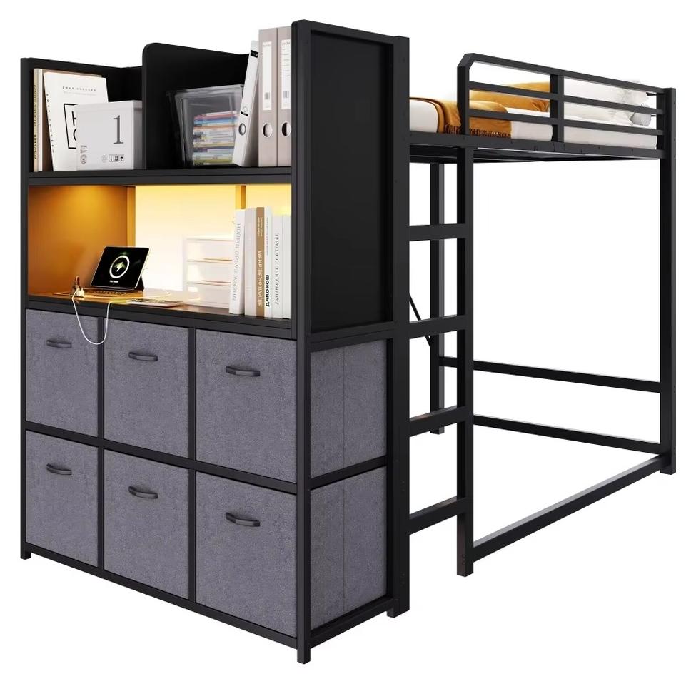 Etagenbett - Doppelstockbett - Metall-Holz-Gestell - 120 x 200 cm - Stoffschubladen - Leiter - Sicherheitsgitter - Schwarz/Grau