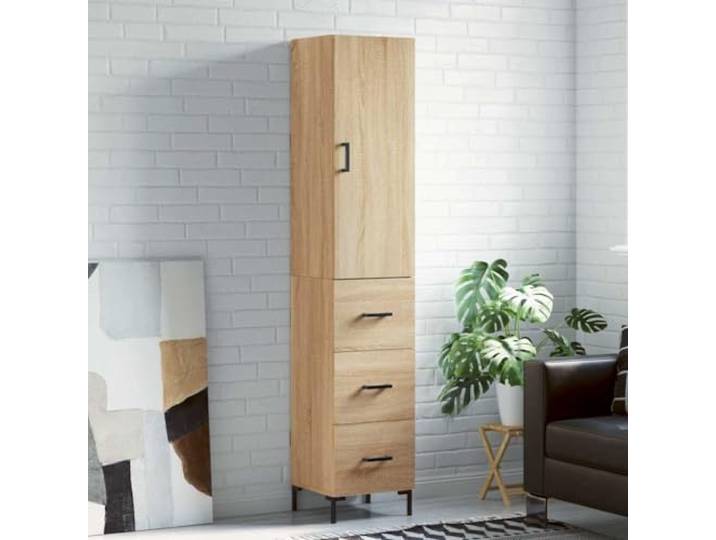 Elegantes Highboard aus Holzwerkstoff langlebig mit Metallfüßen und Wandhalterung, Highboard Sonoma-Eiche fürs Wohnzimmer als praktischer Wohnzimmerschrank mit Wandhalterung