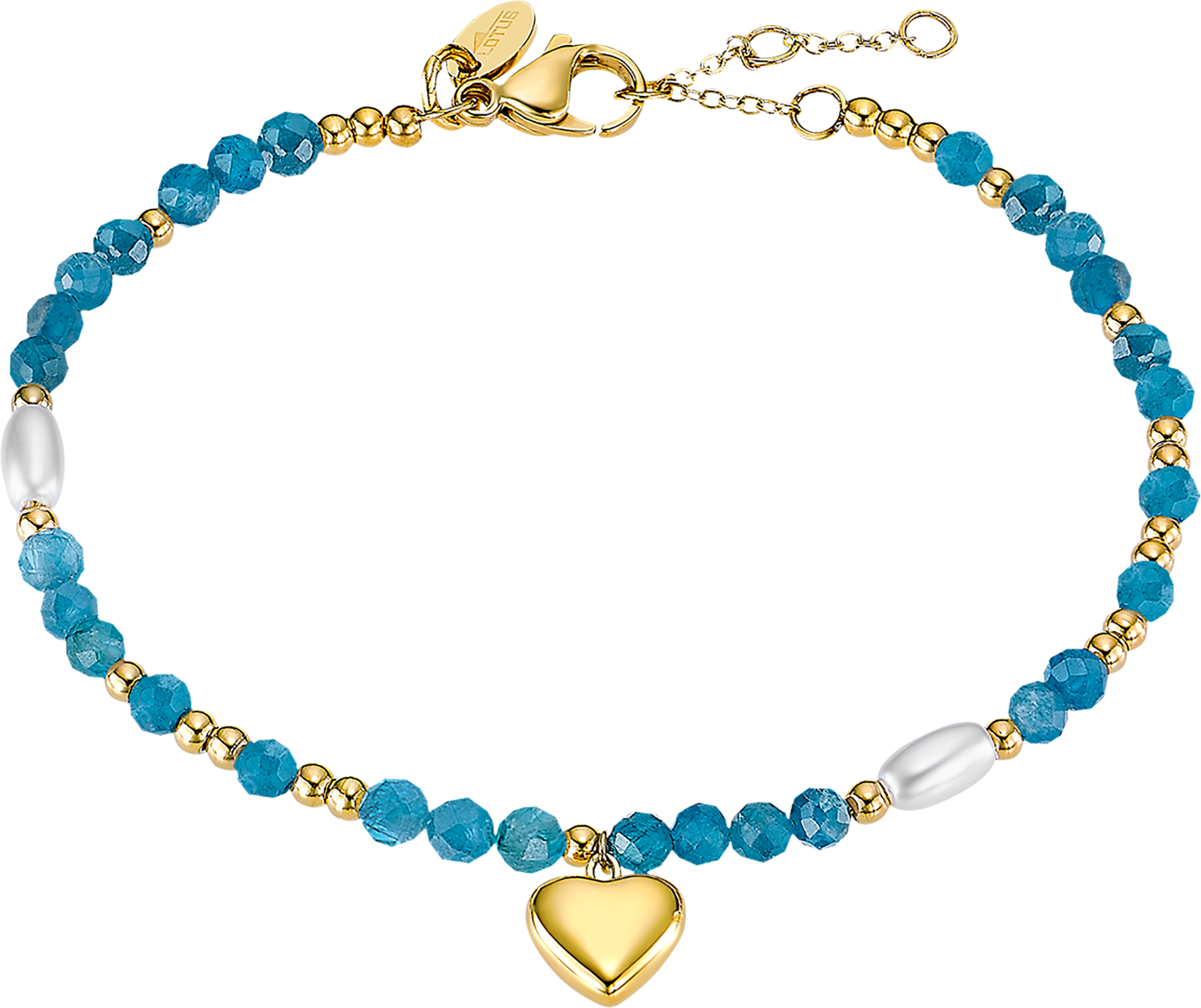 Armband LOTUS "Essentials - Herz", gelbgoldfarben, blau, weiß, blau, Armbänder, Damen, 19cm, Edelstahl Perlen, Edelstahl, Perlen, Armband, mit Zirkonia (synth.) - mit Perle (synth.)