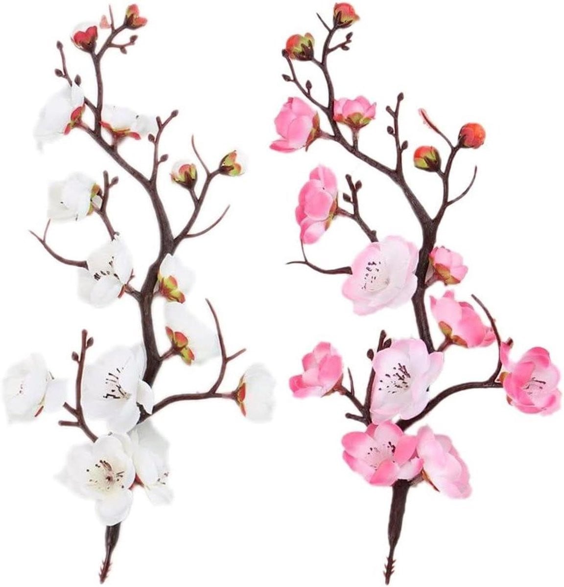 Kunstbloemen Pruimenbloesem Takken - Zijden Bloemen Decoratie - Wit Roze - 30 cm