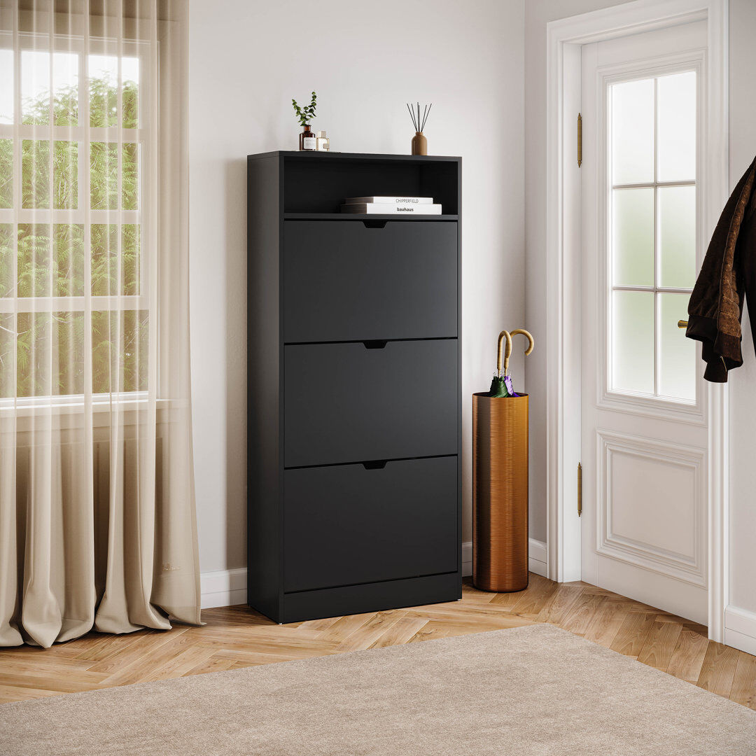 George Oliver 3 Drawer Shoe Cabinet with Open Shelf Modern Storage Furniture for Hallway Living Room Bedroom Black