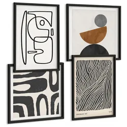 BILDER SET 4er Set - 50x50 cm & 40x60 cm Schwarzer Rahmen - Abstrakte Muster mit Linien