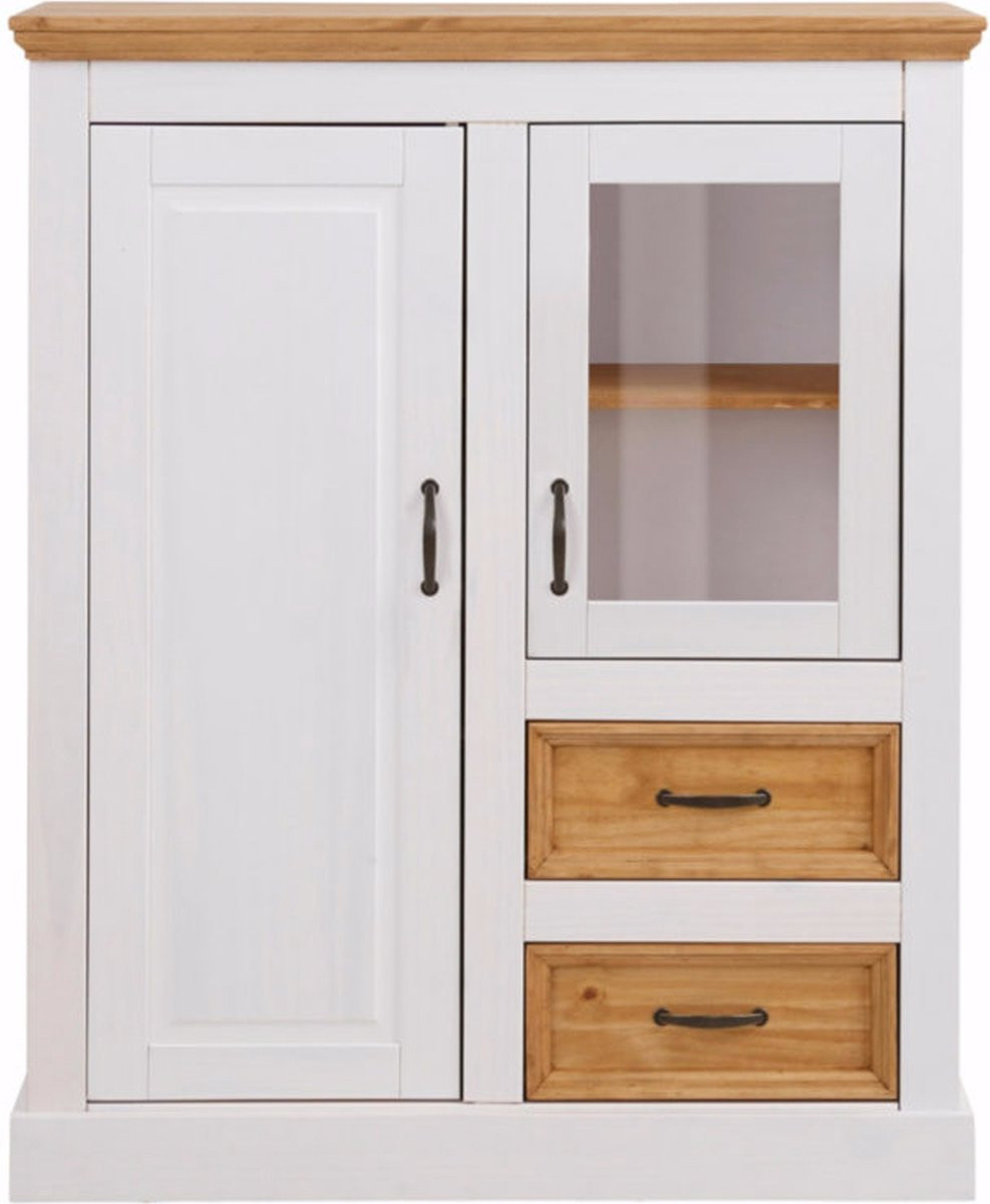 Selma Highboard met glazen deur, houten deur en 2 lades - Massief grenenhout - Breedte: 120 cm
