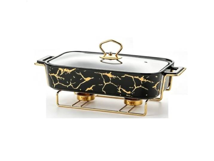 Rollenwärmetabletts for Lebensmittel-Keramik-Hot Pot warmhaltebehälter Große Auflaufform aus Keramik mit schwarzem und weißem Marmormuster und Griffen(Black,L)