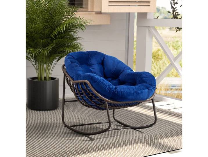 Rocking-chair 1 place avec coussin rembourré - TCQPZ - dossier ergonomique rotin synthétique et acier - bleu marine