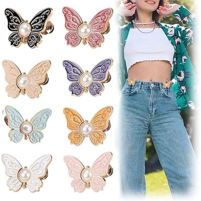 8er-Pack abnehmbare Schmetterlingsclips zum Festbinden der Taille – verstellbare Jeansknopfnadeln ohne Nähen, sofortiger Taillenstraffer für weite Jeans, abnehmbarer Taillenversteller in 8 Farben