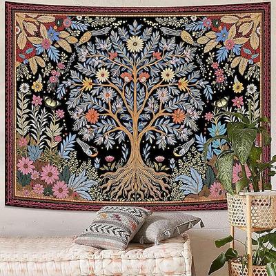 Ästhetischer Vintage-Wandteppich mit Lebensbaum-Motiv, botanischem Blumenhintergrund, Boho-Stil, großes Wandbild für Studentenwohnheime und Apartments