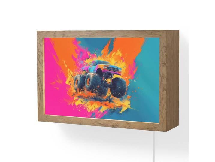 OnlyWow Wandleuchte - Monstertruck - Abstrakt - Farbspritzer - Farbenfroh - 30x20 cm, Pink, Holzwerkstoff, Rechteckig, LED integriert, 30x20x8 cm, Lampen & Leuchten, Innenbeleuchtung, Wandlampe