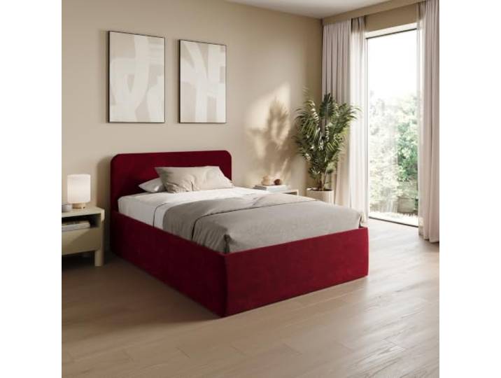 Polsterbett mit Bettkasten und Lattenrost 100x200 Bordeauxrot Hohes Kopfteil. mit Lattenrost. flexible Federleisten. weicher Micro-Velours. geräumiges Stauraumfach. Made in Germany