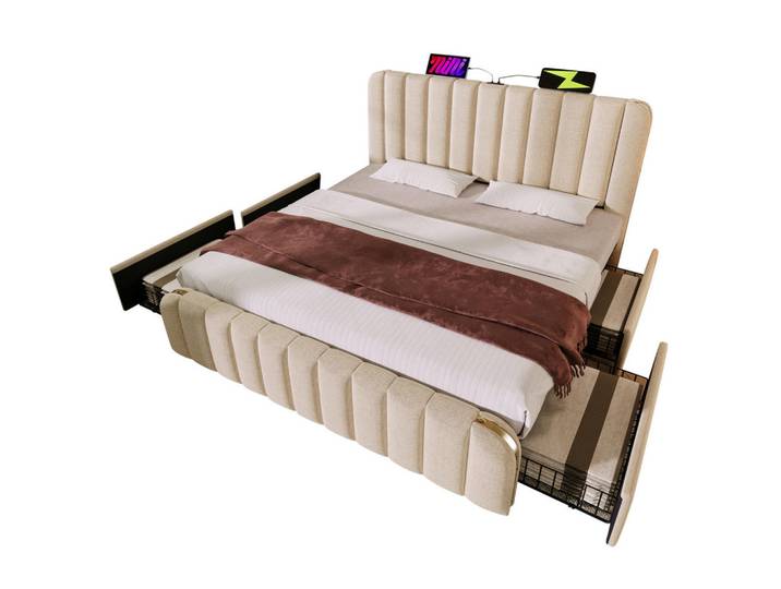 Redom Polsterbett 160/200 cm mit Usb- und Typ-C-Anschluss, 4 Schubladen und Matratze, Leinen mit goldfarbenen Zierstreifen, Beige, 160x200 cm, Schlafzimmer, Betten, Polsterbetten