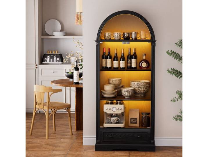 Vitrine en Verre 180 cm haut Armoire Vitrine Cintrée avec Éclairage Dynamique Vitrine pour salon cuisine et salle à manger Noir