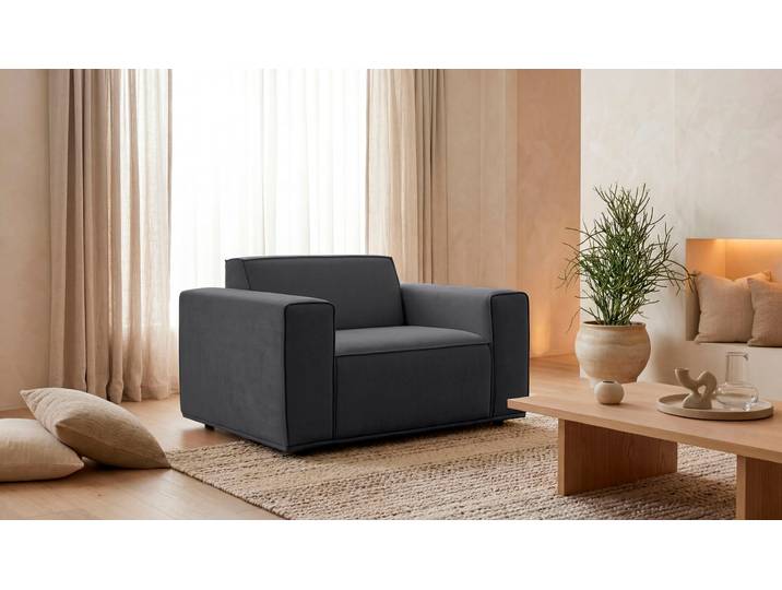 Loveseat GOODPRODUCT Avelin, 1.5 Sitzer, 140 cm, Chenille, Struktur-Boucle , grau (dunkelgrau), B:140cm H:75cm T:96cm, 100% polyester, Sessel, Loveseat, mit Wellenunterfederung, Kedernaht, bodentief, Skandi-Design