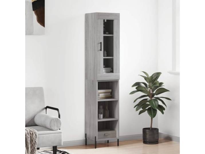 Modernes Highboard mit Schiebetüren aus Holzwerkstoff - Elegantes Highboard mit Metallfüßen in Grau - Stabiles mit Wandhalterung - Weißes fürs Wohnzimmer mit Stauraum