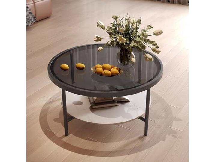 MARIYCH Runder Couchtisch aus Glas, 2-stöckiger Wohnzimmertisch mit offener Ablage, einfacher moderner Mittel-Cocktailtisch für Heimbüro, Empfang