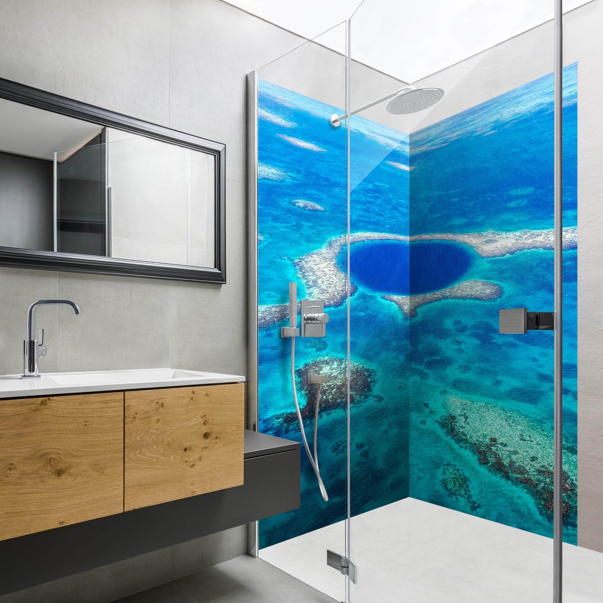 Duschrückwand Strand selbstklebend - 0.61 mm Wandpaneel wasserfest Karibik blau Maritim Badrückwand fugenlos Premium matt 90x200 cm