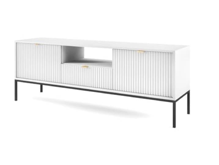 Emporius TV-Schrank 150 cm Galla - Zweitürige TV-Tisch, TV-Lowboard mit Schubladen - Gold Griffen, geriffelten Fronten - Weiß