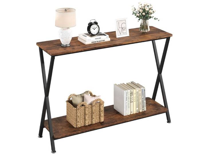 Table Console Entree Console Meuble Bois avec 2 Tiroir 110X 30x78CM Table d'entrée en Rotin avec Design Unique en Forme de X