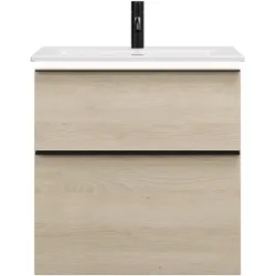 burgbad Eqio Slim Keramik-Waschtisch inklusive Waschtischunterschrank mit LED-Beleuchtung, 620x490x640mm, SHBU062F3180C0001G0252, Farbe: Eiche Dekor Cashmere / Eiche Dekor Cashmere, Griffleiste