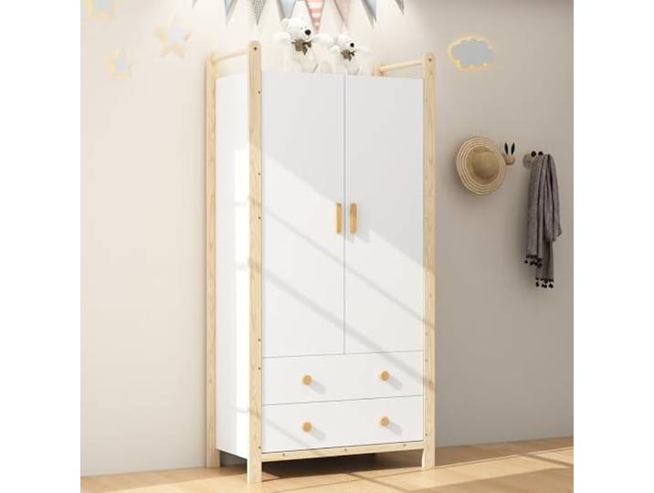 RAPRAP 2-türiger Kleiderschrank, Kinderkleiderschrank Weiß (B) Kleiderschrank mit Kleiderstange und Schubladen