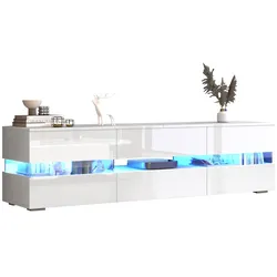 TV-Schrank 160x39x45 Hochglanz Weiß mit LED-Beleuchtung, 2 Türen mit Acryl-Glaseinsatz, 1 Schublade, Offenes Fach – Modernes Wohnzimmermöbel