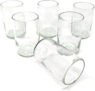 Dos Sueños Hand Blown Mexican Drinking Glasses - Set of 6 Natural Clear Glasses (14 oz each)
