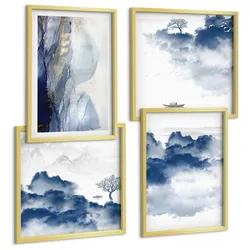 BILDER SET 4er Set - 50x50 cm & 40x60 cm Goldrahmen - Berge, Wolken, Bäume, Vögel im Hintergrund