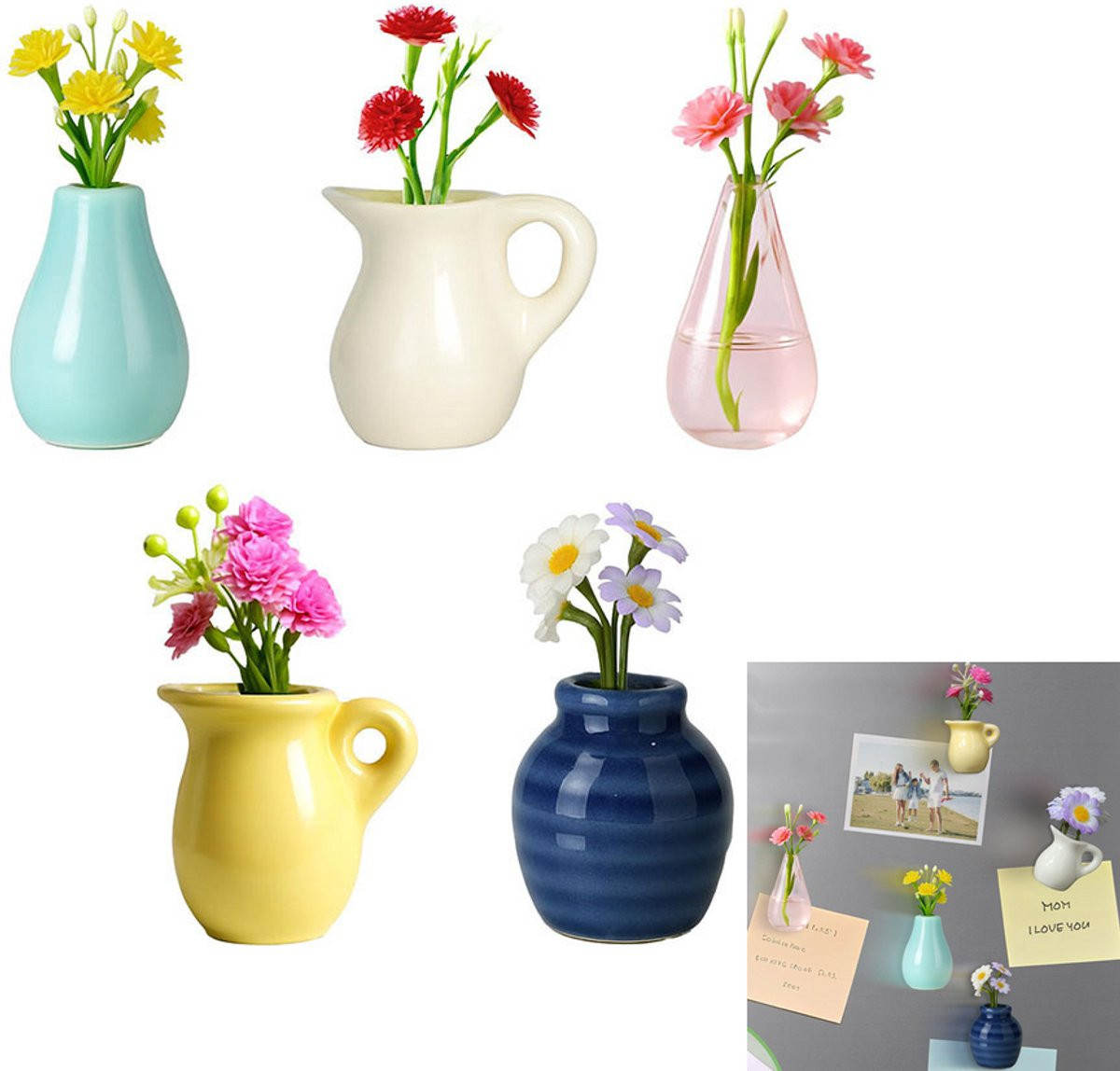 Set van 5 keramische mini vaasjes als koelkastmagneet, multicolor