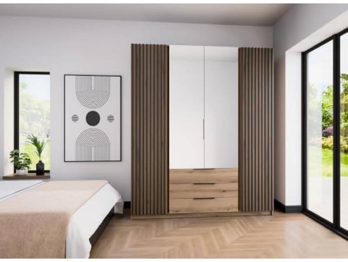 AX Living Nehir Schrank 200 cm Eiche Evoke, Lamellen/Spiegel + 3S 2 Lamellen außen; 2 Spiegel mittig; 3 Schubladen – mehr Ordnung im Alltag.