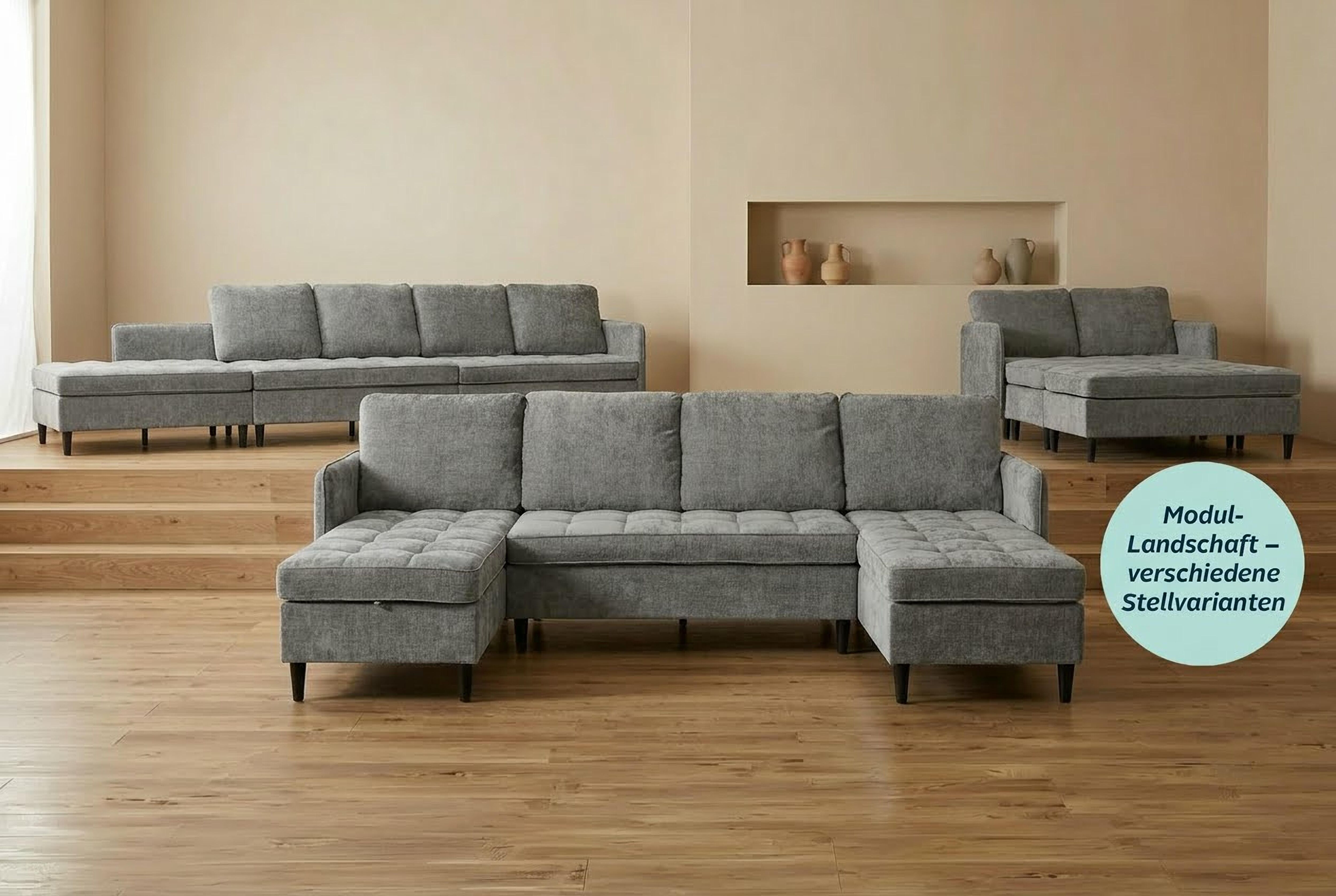 Wohnlandschaft DOREL HOME "LINDHUS, Chenille, Modulsofa, verschiedene Stellvarianten", grau, B:254cm H:80cm T:127cm, 100% Polyester, Sofas, Wohnlandschaft, canapé modulaire fixable avec connecteurs, méridienne, espace de rangement grau B/H/T: 254cm x 80cm