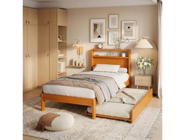 I0I&I0I Funktionsbett Holzbett Komfort Mit Ausziehbett Und Gästebett, Flexibel Montierbar, Platzsparend (Natural + Wood)