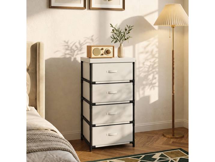 HOMCOM Commode 4 Tiroirs Tissu Acier Beige Salon Bureau Dressing
