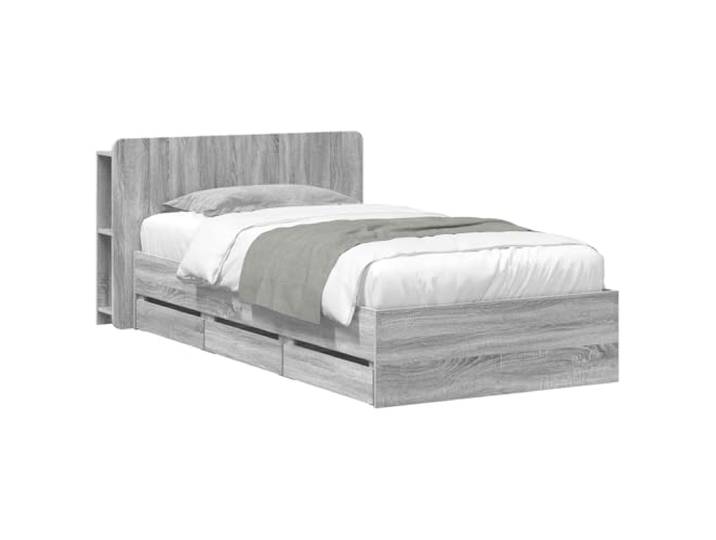 PUGYNBK Bettrahmen Sonoma grau mit Schubladen und Kopfteil Lattenrost aus Holz, ohne Lattenrost, weiche Rollen, integrierte Aufbewahrung, minimalistisches Design