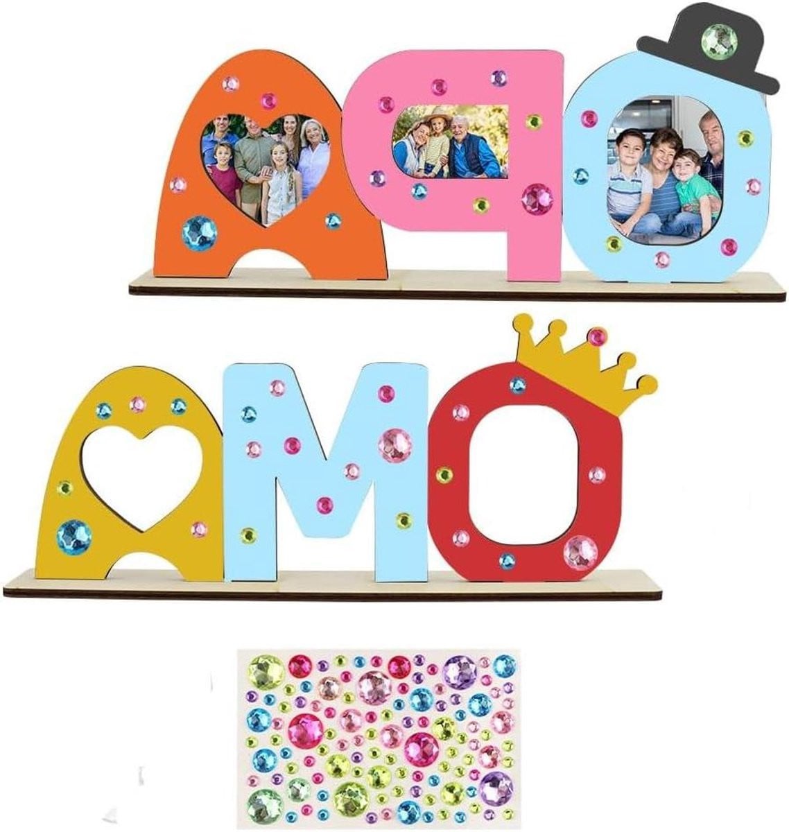 Houten fotolijst voor grootouders met creatieve gezinsdecoratie en stickers